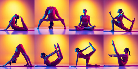 Portrait of young sportive woman in comfortable sport suit training, doing yoga exercises isolated over multicolored background in neon light. Collage