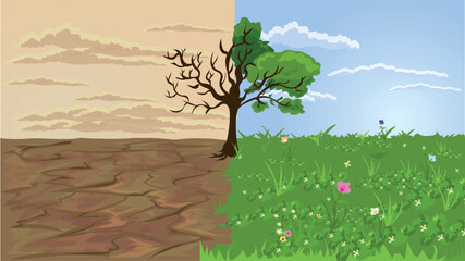 World Day to Combat Desertification and Drought - Two parts are the dry and hot tree scene and the refreshing tree scene vector design.  Two parts are the dry and with tree .