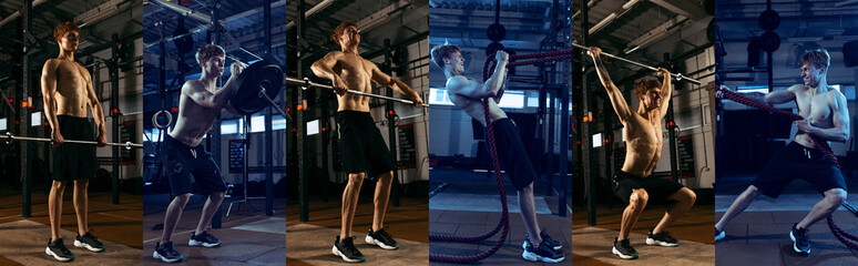 Collage. Portrait of sportive muscular young man training, doing exercises with barbell and rope...