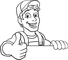 A handyman cartoon character caretaker construction man peeking over a sign and giving a thumbs up