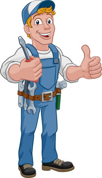 Electrician handyman man handy holding electricians screwdriver tool cartoon construction mascot. Giving a thumbs up.