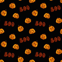 Seamless pattern for textiles and packaging. Pumpkin lanterns on black background, Halloween. 