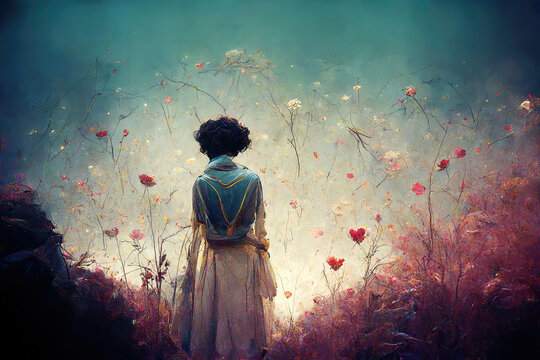 Closeness to nature concept with lovesick woman in field