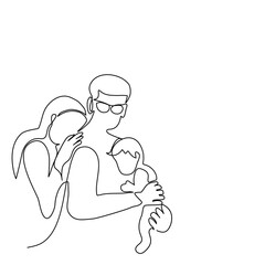 Fototapeta na wymiar Long hair mum hugging her husband who wearing glasses and holding baby in his hand in single line drawing style.Vector isolate flat continue line design of happy family’s day or parents careful child