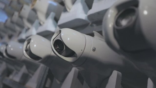 UAV body close-up. UAV with camera close-up. Production of drones at the factory. UAV blanks on the shelves. Production of military UAVs