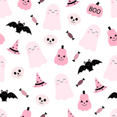 Seamless pattern cute pink ghosts pumpkin Halloween vector illustration