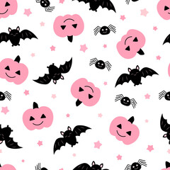 Seamless pattern pink pumpkin cute bat Halloween vector illustration