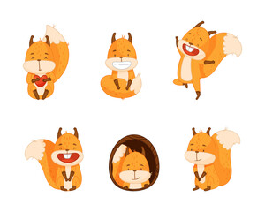 Funny Orange Squirrel Character with Bushy Tail Engaged in Different Activity Vector Set
