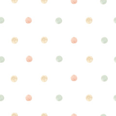 Watercolor seamless pattern with cute pactel color dots. Isolated on white background. Hand drawn clipart. Perfect for card, fabric, tags, invitation, printing, wrapping.
