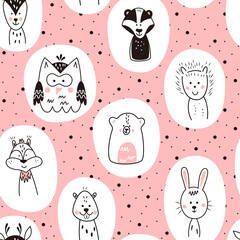 Seamless pattern with cute animals in Scandinavian style. Vector funny illustration for children.