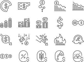 Inflation rate icon set. Included the icons as recession, economic, financial crisis, money, and more.