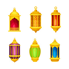 Bright Arabic Lantern with Golden Ornamental Frame and Hoop for Hanging on Top Vector Set