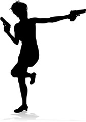 Silhouette Woman Female Movie Action Hero With Gun