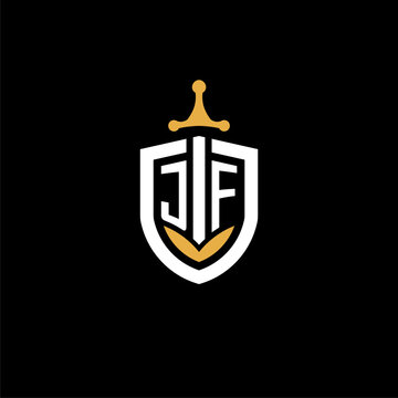 Creative letter JF logo gaming esport with shield and sword design ideas