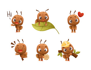 Cute Little Ant Character with Antennae Engaged in Different Activity Vector Set