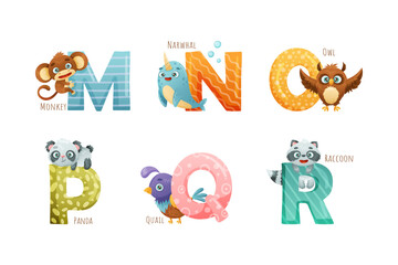 Animal Near Big Alphabet Letter with Name for Preschool Education Vector Set