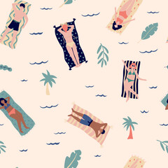 Seamless pattern with people lying on beach and sunbathing, reading books. People swimming, sunbathing and relaxing in the ocean.. Vector illustration for fabric print.