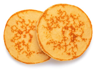 Heap of  fluffy pancakes isolated on white background. Pancakes for breakfast top view.