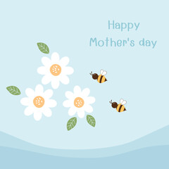 Mother's day card with daisy flower and green leaves on blue background vector illustration.