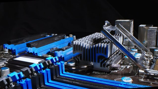 Detail of a CPU processor above its socket on the motherboard. computer motherboard with components. Highlighted element, circuits and electronic components. CPU. Digital communication
