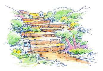 landscape with rocks step pencil color for card illustration background