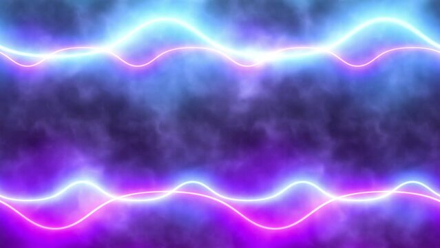 Abstract blue and purple neon lines flashing in the smoke, glowing design, modern tomorrow aesthetic style, fluorescence illumination background, 4k looping video, 3d render