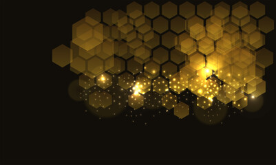 luxury gold background. Luminous golden hexagons. Bright stage background. Business card and poster background. Musical luxury vector background.