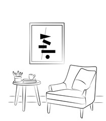 linear drawing of an armchair and a table with a vase with a plant. Scandinavian stylish furniture in a simple linear style. Doodle vector illustration