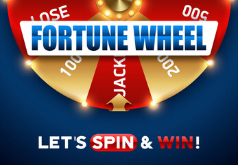 Fortune wheel bright spin banner. Vector leisure games poster. Red gold fortune wheel on blue banner. Lets spin and win text - obrazy, fototapety, plakaty