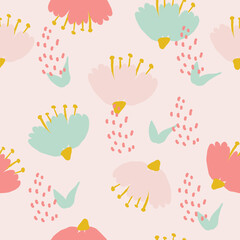 Flowers set on pink background. Hand draw abstract design elements in pastel colors. Minimal stylish cover template. Art form for social media stories, branding, banner. Vector illustration.