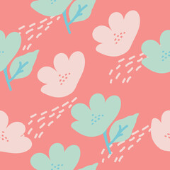 Fototapeta premium Flowers set on pink background. Hand draw abstract design elements in pastel colors. Minimal stylish cover template. Art form for social media stories, branding, banner. Vector illustration.