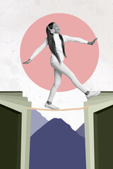 Vertical collage image of carefree positive girl black white gamma listen music walking rope...