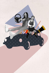 Vertical collage picture of two excited funny girls black white gamma driving painted automobile buy study supplies
