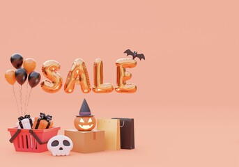 Happy Halloween background banner,balloon sale 3D Typo,alphabet,copy space for product,3d illustration