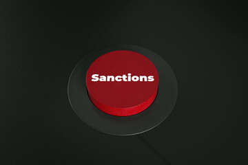 sanctions red button over black background, 3d render