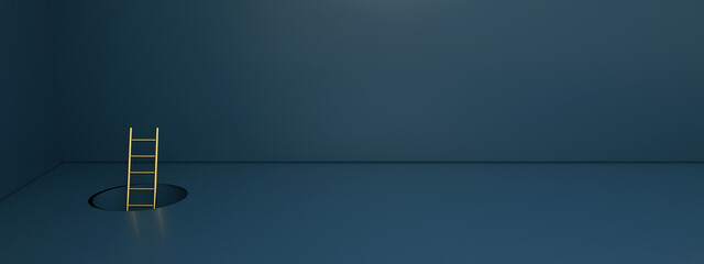 stepladder leaning on blue wall, 3d render, panoramic layout