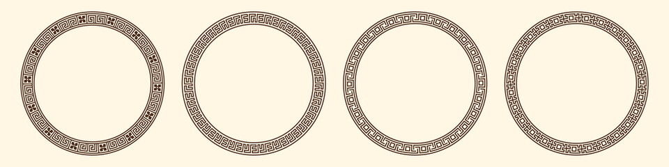 Greek key pattern, round frames collection. Decorative ancient meander, greece border ornament set with repeated geometric motif. Vector EPS10.