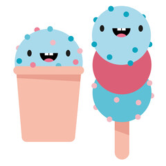 A set of pink and blue ice cream in a cup and on a stick with a smile