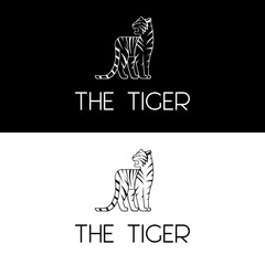 Beautiful white tiger drawing in standing position and looking back for simple cute minimalist logo design icon