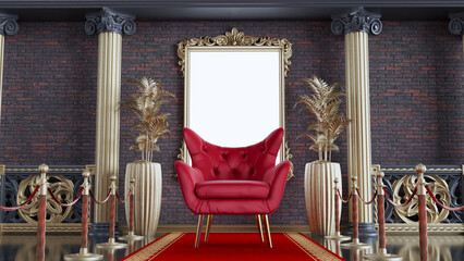 3D render of red armchair with red carpet and gold barriers, red armchair on classic column architecture background