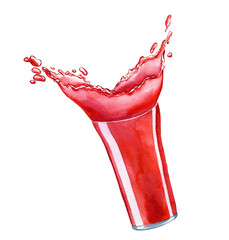 watercolor drawing glass with splash of red juice isolated at white background, hand drawn illustration