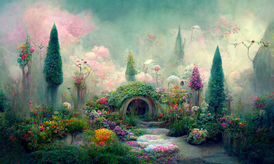 beautiful surreal fantasy dreamland garden, pastel colours, desaturated,  digital ilustration