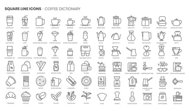 Coffee related, pixel perfect, editable stroke, up scalable square line vector icon set.