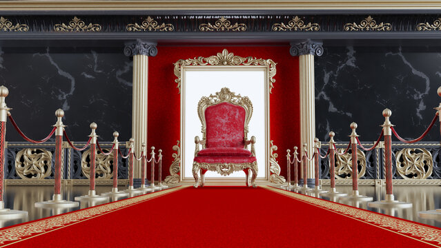 3D render of red king throne with red carpet and gold barriers, red throne on classic columns architecture background