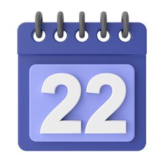 22nd. Twenty-second day of month. 3D calendar icon.