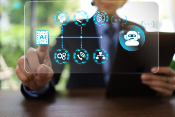 Businessman hand touch on ai digital chatbot an assistant conversation for to access to data growth of business in online network, Robot application and global connection, AI, Artificial intelligence.
