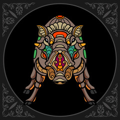 Colorful Warthog zentangle arts isolated on black background