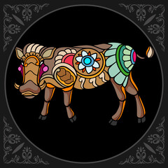 Colorful Warthog zentangle arts isolated on black background