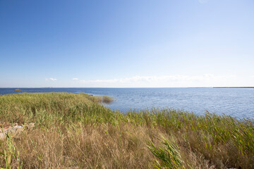 Fototapeta na wymiar bay sea, sky on a sunny day. a summer day in nature. background image, there is a place to record.