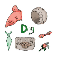 Large set of accessories for pets. Illustration of clothes, houses, fashion accessories for pets as a blank for a designer, logo, icon, print